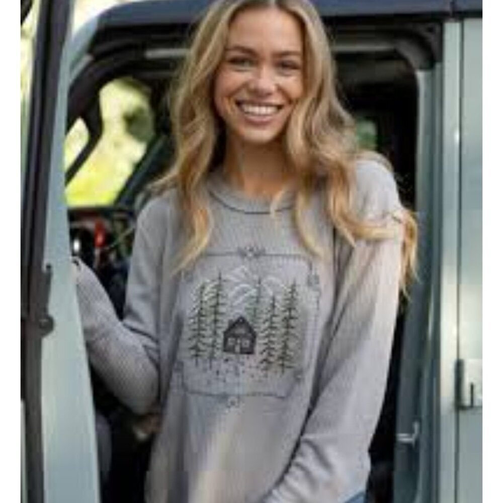 Natural Life Parker Embroidered Thermal Tee Womens XS Waffle Knit Outdoors NWT